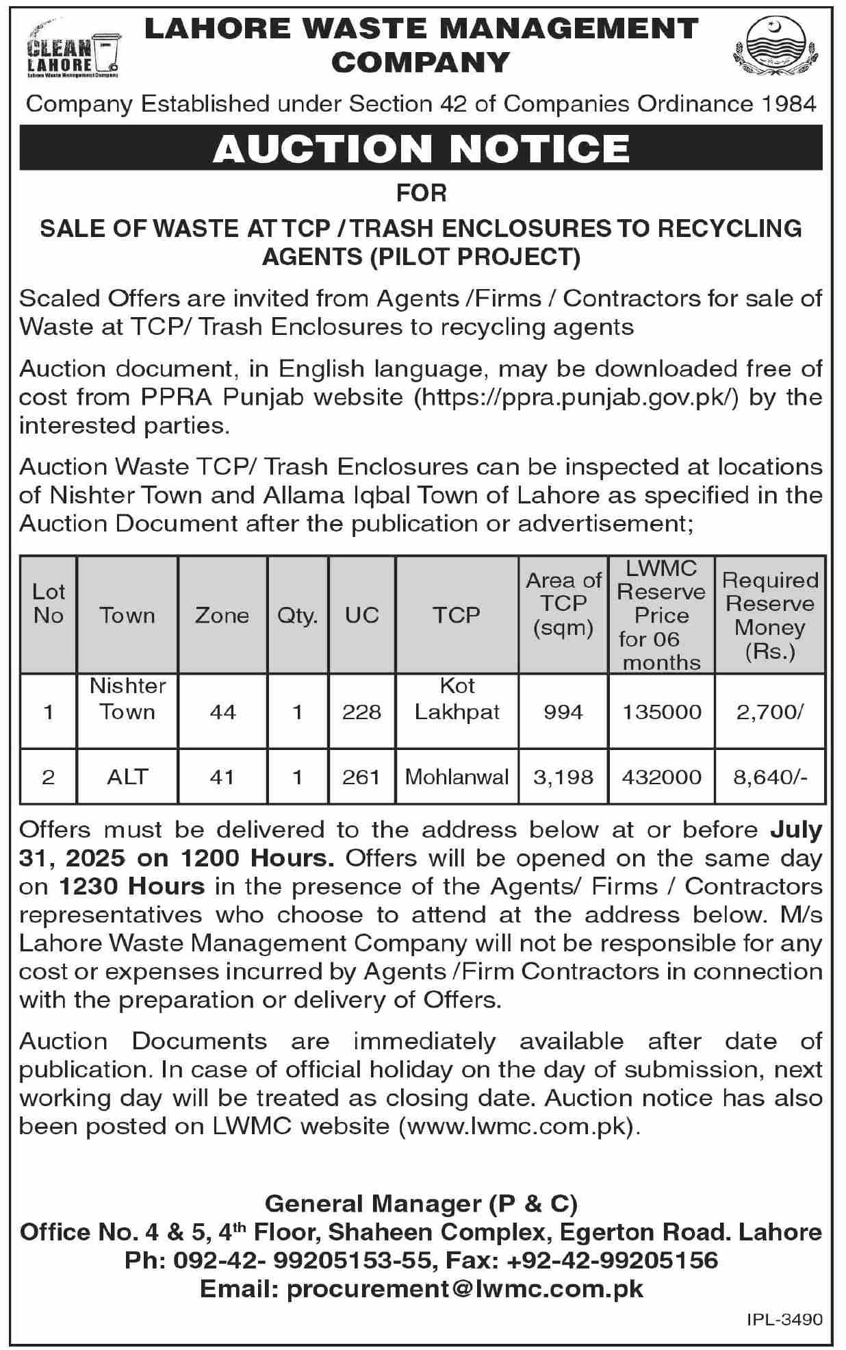 Lahore Waste Management Company Lahore Tender Notice